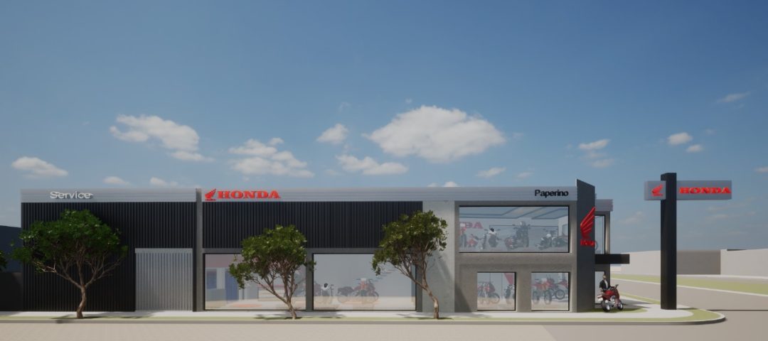 Vista lateral del proyecto con fachada vidriada y arbolado urbano integrando el diseño al entorno.